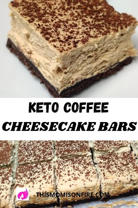 Keto coffee and chocolate flavored cheesecake bars Keto Coffee Dessert Recipes, Keto Dessert Quick, Keto Coffee Cheesecake, Keto Cheesecake Bars, Flavored Cheesecake, Keto Cheesecake Recipes, Easy Keto Desserts, Keto Bars, Coffee Cheesecake