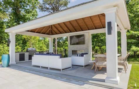 Backyard Pool Pavilion, Gazebo And Pool Backyards, Pavilion On Deck, Pool Pavilion With Outdoor Kitchen, Outdoor Pool Pavilion Ideas, Rectangle Pool With Gazebo, Pergola Patio Next To Pool, Pool Cabana With Bar Outdoor Living, Small Pool Pavilion Ideas