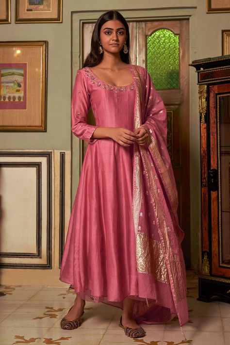 Banarasi Fabric, Onion Pink, Pink Anarkali, Silk Anarkali, Sheer Pants, Dresses Traditional, Indian Dresses Traditional, Ready To Wear Saree, Indian Wedding Wear