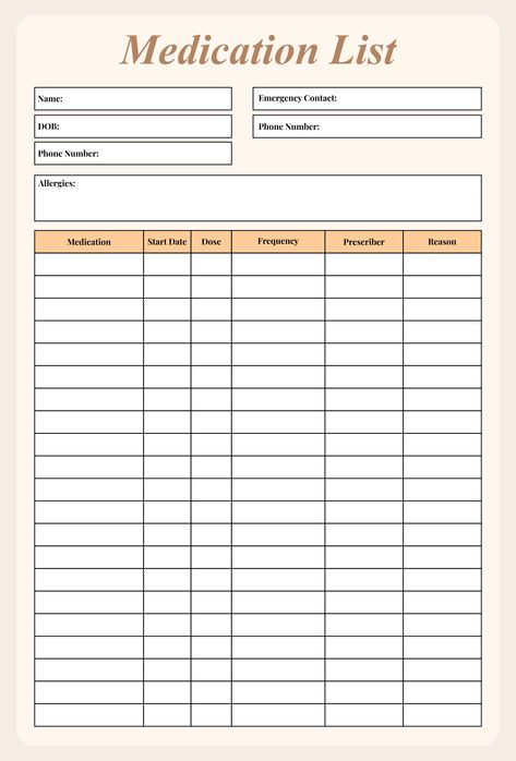 Medications List Printable, Med Chart Printable, Med List Printable, Medication List Template, Medicine List Printable, Printable Medication List, Medication List Template Free Printable, Medication Chart Printable Free, Monthly Medication Chart Printable