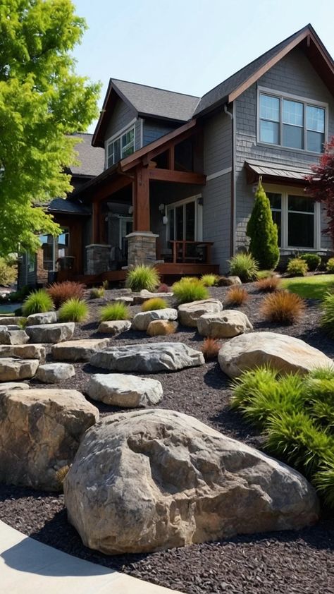 Rock 'n Roll Landscaping: Unleashing the Potential of Large Rocks in Your Yard 42 Large Rocks For Landscaping, Modern Rock Landscaping, Flagpole Ideas Front Yards, Big Rock Landscaping Ideas, Rock Front Yard Landscaping, Natural Front Yard, Circular Driveway Landscaping, New Home Landscaping, Colorado Landscaping