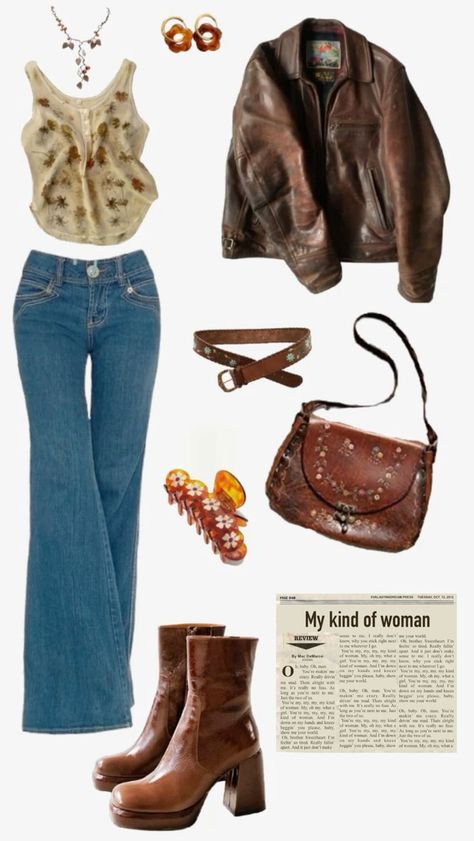 Brown Boots Aesthetic Vintage, Fall 70s Aesthetic, Cute Summer Jackets For Women, Fleetwood Mac Clothes, Vintage Outfits Jeans, Mac Demarco Inspired Outfits, Vintage Cool Outfits, Cowgirl Fashion Aesthetic, 70s Brown Boots Outfit