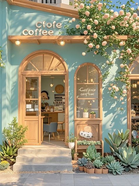 Coffee Storefront Design, Cute Coffee Shop Interior Cozy, Aesthetic Coffee Shops Interior, Cute Cafe Outside, Kawaii Cafe Exterior, Bakery Cafe Aesthetic, Cafe Aesthetic Exterior, Coffee Shop Outside Design, Coffee Shop Design Interior Small Spaces