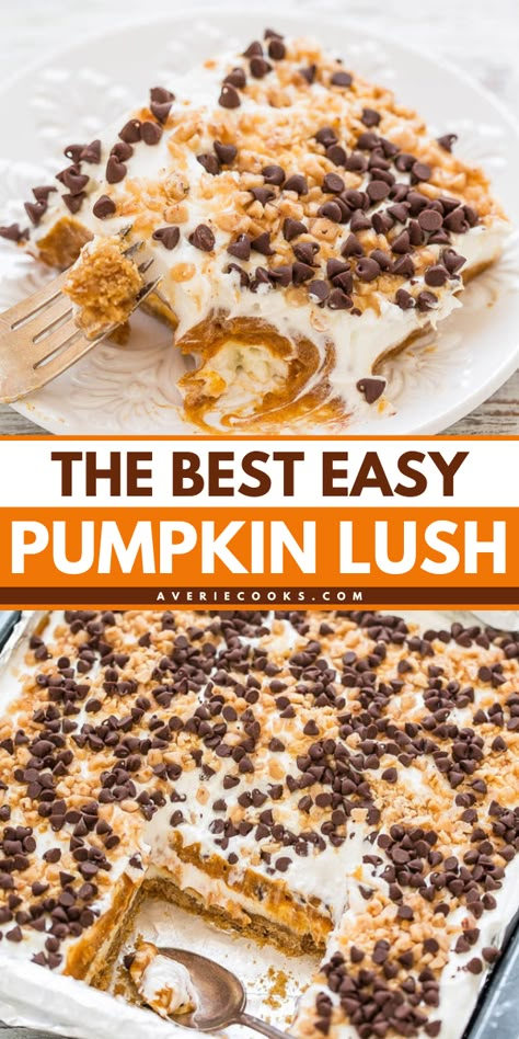 Want more simple Thanksgiving desserts? This simple fall recipe for pumpkin delight is almost no-bake! This simple pumpkin dessert starts with a graham cracker crust. Layered with cream cheese, pudding, and more, this pumpkin lush dessert is so luscious! Fall Desserts With Cream Cheese, Easy Pumpkin Deserts Recipes, Thanksgiving Desserts Ideas Easy, Graham Cracker Pumpkin Dessert, Fast Easy Thanksgiving Desserts, Crockpot Dessert Thanksgiving, Good Fall Desserts, Pumpkin Dessert For Two, Quick And Easy Thanksgiving Desserts Simple