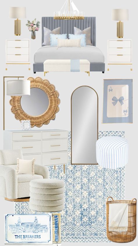 #blue #roomdecor #room #decor Blue Dorm Room Aesthetic Vintage, Dorm Room Inspo Aesthetic Blue, Blue Bedroom Aesthetic Ideas, Blue And White College Bedroom, Room Ideas Aesthetic Blue And White, Blue Loveshackfancy Room, Gold And Blue Room Decor, Bedrooms With Light Blue Walls, Bedroom Inspo Board