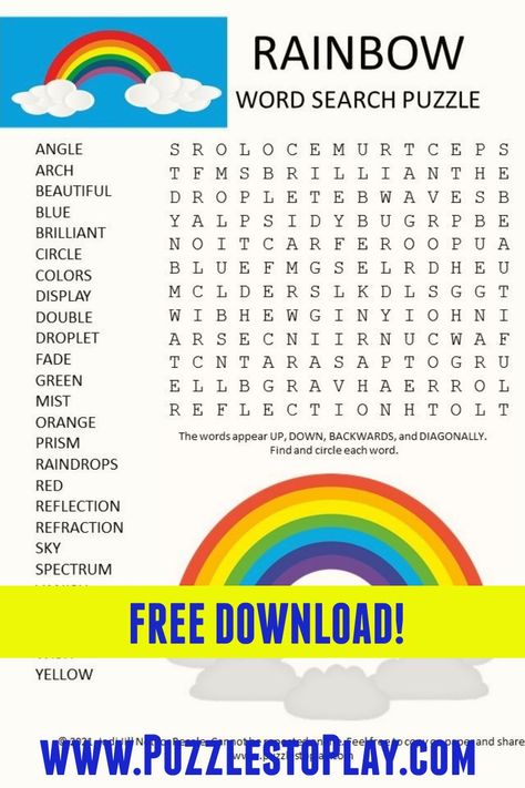 The free download rainbow word search printable puzzle covers the spectrum! This is a wonderful look in the sky after a heavy rain. My fav? A double Rainbow! Easy Word Search For Kids, Rainbow Puzzle Printable, Hard Word Search Free Printable, Challenging Word Search Free Printable, Rainbow Games, Easy Word Search, Word Puzzles For Kids, Rainbow Words, Free Printable Word Searches