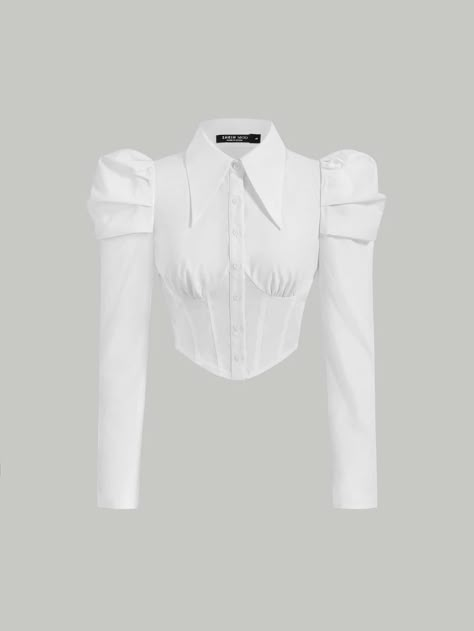 White Elegant Collar Long Sleeve Woven Fabric Plain Shirt Embellished Non-Stretch  Women Tops, Blouses & Tee White Shirt Outfit Women Classy, White Chemise, Gigot Sleeve, Cropped Cable Knit Sweater, Girls Dress Outfits, Half Sleeve Shirts, White Button Down Shirt, Plain Shirt, Plain Shirts