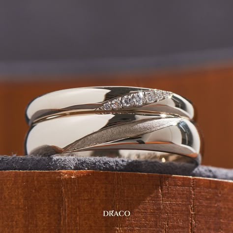 A timeless pair of wedding bands. ⁠ For the lady's ring, we added a row of diamonds that seamlessly follows the ring's contour—giving it a more feminine look to it.⁠ ⁠ While the gent's ring is crafted in full 18K champagne gold with a broader band. Wedding Ring For Bride And Groom, Wedding Band Sets His And Hers, Timeless Wedding Rings, Prenup Theme, Couples Wedding Rings, Wedding Ring Couple, Marriage Rings, Wedding Rings Sets His And Hers, Unusual Wedding Rings