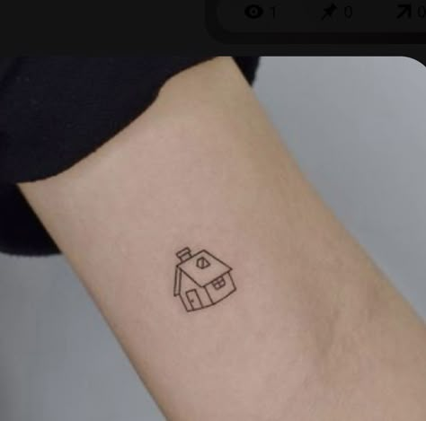 Treehouse Tattoo Simple, Home Tattoo Ideas Simple, Simple Home Tattoo, House Stamp Tattoo, Small House Tattoo Simple, House Fine Line Tattoo, Home Tatoos, Simple House Tattoo, Fine Line House Tattoo