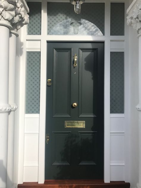 A four panel Victorian front door with polished brass door furniture finished in racing green and a Banham locks for extra security. Front Door Green, Victorian Front Door, Terrace House Exterior, External Front Doors, Victorian Front Doors, Front Door Inspiration, Front Door Hardware, Traditional Front Doors, White Exterior Houses