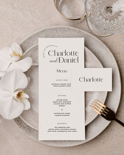 Wedding Table Menu Cards, Wedding Table Stationary, Wedding Menu With Guest Name, Menus For Wedding, Menu Card Ideas, Modern Monogram Logo, Wedding Menus Design, Wedding Table Menus, Wedding Name Tags