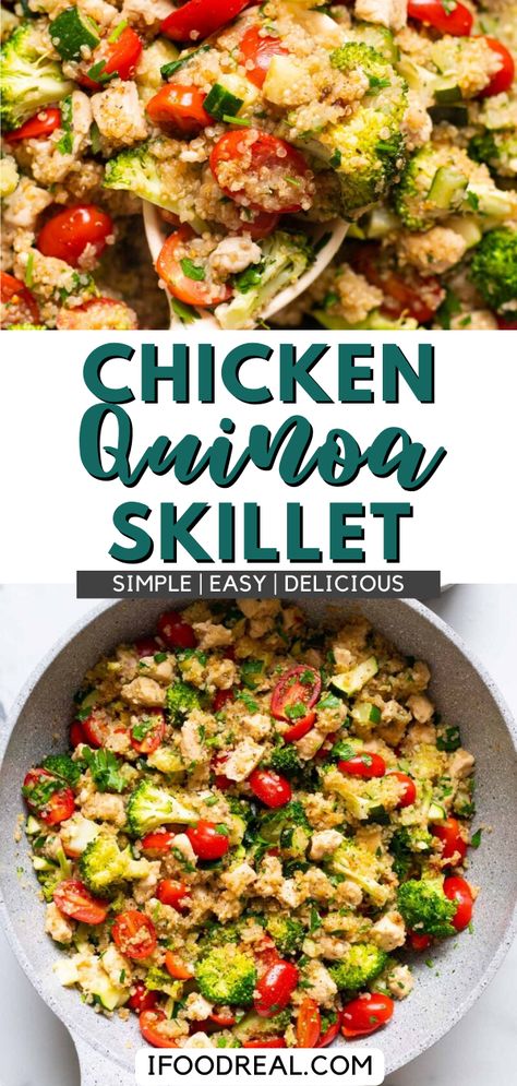 This Chicken Quinoa Skillet is an incredible recipe packed with flavor and nutrients. Every bite is so delicious and it’s pretty easy to make too! If you have about 30 minutes of time, you can make this tasty chicken quinoa skillet. So try it today and I know you’ll love it! Quinoa Lunch Recipes, Chicken Quinoa Recipes, Quinoa Skillet, Quinoa Recipes Dinner, Quinoa Recipes Easy, Quinoa Recipes Healthy, Chicken Bowl Recipe, Chicken Fresh, Cooked Chicken Recipes