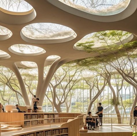 Open Library Architecture, Light Weight Architecture, Library In Nature, Inspiration From Nature In Architecture, Garden Library Architecture, Architectural Library Design, Library Courtyard Design, Natural Library Design, Library Architecture Design Concept