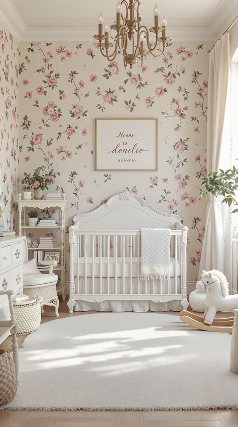 vintage inspired nursery Crown Molding In Nursery, Nursery Aesthetic Vintage, Floral Mural Nursery, Aristocrats Nursery, Pink Whimsical Nursery, Classic Nursery Ideas Vintage, Love Shack Fancy Nursery Ideas, Baby Girl Wallpaper Nursery, Vintage Pink Nursery Ideas