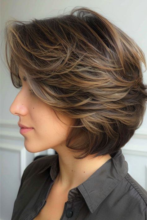 Short Feathered Layers Layered Haircut. Feathery Layers Short Hair, Short Straight Layers, Feathered Hairstyles Short Fine Hair, Short Layered Feathered Hairstyles, Layered Cut Short Hair, Medium Short Hair With Layers, Women’s Short Layered Hairstyles, Short Layered Voluminous Hair, Feather Cut For Short Hair