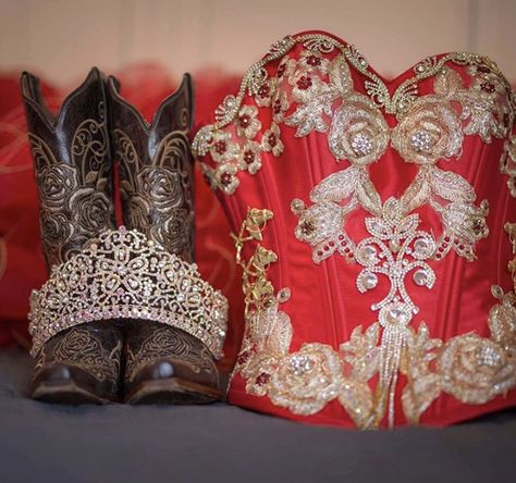 Red And Gold Charro Quinceanera Theme, Red Quince Theme Vaquera, Charro Quince Makeup, 15 Dresses Quinceanera Red And Gold, Red Quinceanera Cake Ideas, Red Surprise Dance Outfits, Quince Suprise Outfit Red, Rancho Quinceanera Theme Red, Red And Gold Chambelanes Outfits