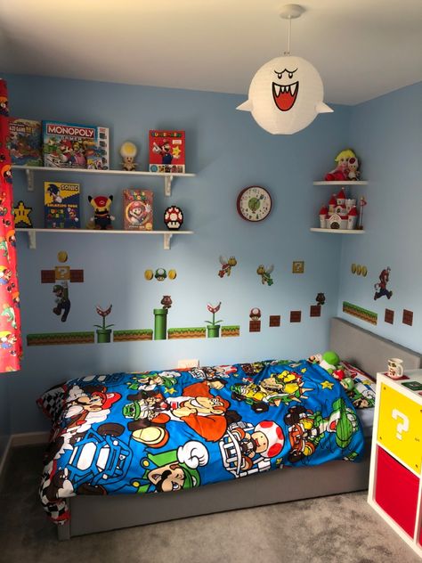 Mario Bedroom Ideas Boys, Mario Room Ideas Boys, Super Mario Bedroom, Mario Bedroom, Nintendo Room, Spiderman Room Decor, Boys Space Bedroom, Super Mario Room, Bedroom Gamer