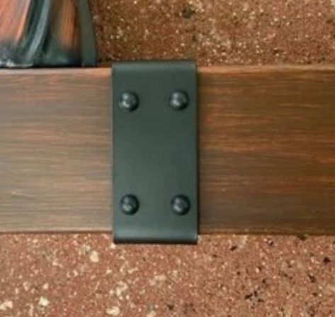 Black Metal Brackets For Beams, Metal Trim For Wood, Metal Brackets For Wood Beams, Metal Rivets Design, Metal Straps For Beams, Beam Straps, Beam Ideas, Columns Interior, Modern Farmhouse Furniture