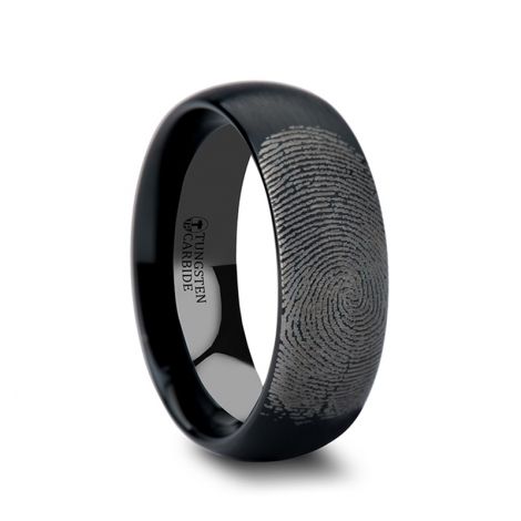 F863-DBBT. Fingerprint Engraved Domed Black Tungsten Ring with Brushed Finish - 4mm - 12mm Black Tungsten Carbide Ring, Black Tungsten Wedding Band, Fingerprint Ring, Tungsten Jewelry, Black Tungsten Rings, Tungsten Carbide Wedding Bands, Tungsten Wedding Rings, Fingerprint Jewelry, Black Tungsten