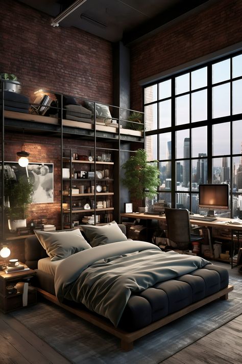 Bedroom Interior Industrial, Black And White Loft Apartment, Industrial Glam Bedroom Ideas, Aesthetic Industrial Bedroom, Master Bedrooms Industrial, Industrial Black Bedroom, Industrial Interiors Bedroom, Rich Cozy Bedroom, Black And Wood Room Aesthetic