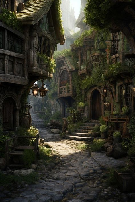 Fantasy Photography Forest, Fantasy Elf Village, Fantasy Location Inspiration, Fantasy Viking City, Medieval Fantasy Architecture, Fantasy Buildings Art, Fantasy Training Grounds, Dnd Art Landscape, Fantasy Places City