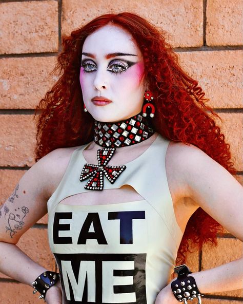 chappell roan backstage at coachella 2024 weekend one. photographed by josalynandromeda on ig.  april 12th, 2024 Eyeliner Editorial, Donni Davy, Clown Party, Pride Makeup, Chappell Roan, Goth Makeup, Event Outfit, Got To Be, White Face