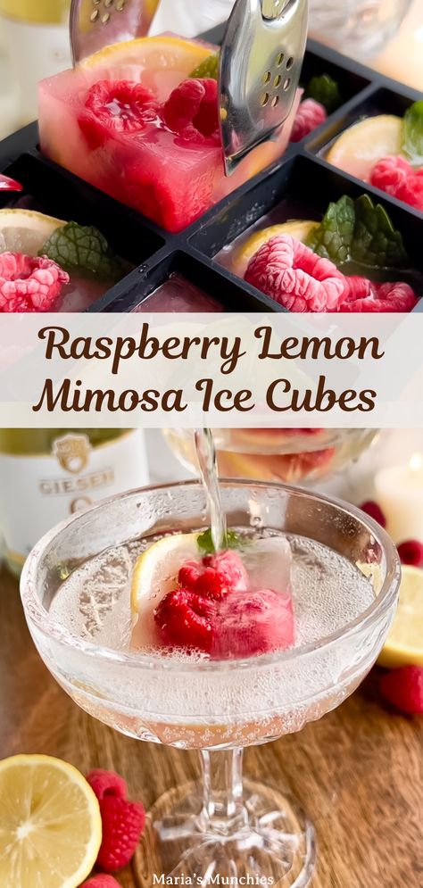 Raspberry Lemon Mimosa Ice Cubes Orange Cranberry Ice Cube Mimosas, Frozen Juice Cubes For Mimosas, Holiday Mimosa Ice Cubes, Frozen Mimosa Ice Cube, Orange Ice Cube Mimosas, Raspberry Mimosa Recipe, Mimosa Ice Cubes Christmas, Ice Cube Ideas For Drinks, Ice Cubes For Mimosas