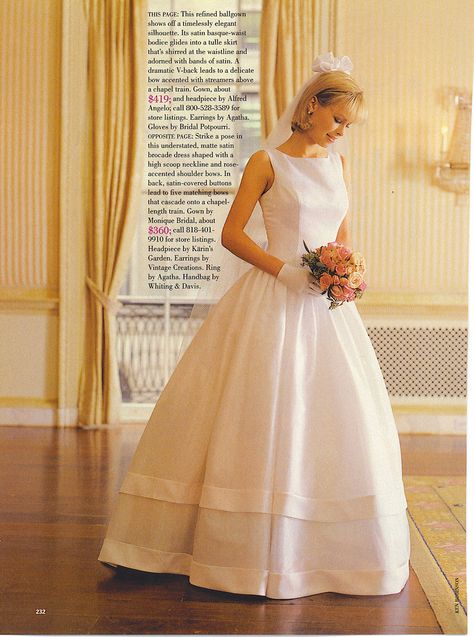 Bride in a 90's vintage wedding gown from a magazine. Early 90s Wedding Dress, 1999 Wedding Dresses, Wedding Dress Aesthetic Vintage, 1998 Wedding Dresses, 1990s Wedding Dress, 90s Wedding Aesthetic, 90s Bride, Wedding Dresses 90s, Wedding Dresses 1991