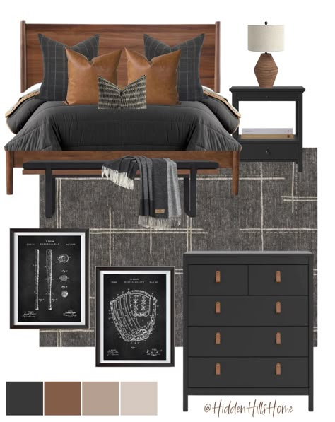 Masculine Main Bedroom, Masculine Master Suite, Masculine Home Aesthetic, Main Bedroom Ideas Master Suite Color Schemes Accent Walls, College Boy Bedroom, Mans Bedroom Ideas, Mens Bedroom Ideas Masculine Interior, Young Mans Bedroom Ideas, Mens Home Decor