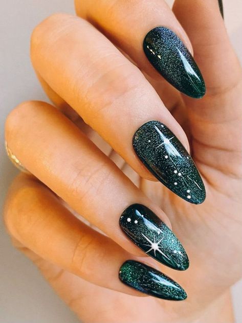 Dark January Nails, Moody Winter Nails, Aurora Borealis Nails, Dark Holiday Nails, Winter Solstice Nails, Yule Nails, Nye Nail Ideas, Galactic Nails, Rad Nails