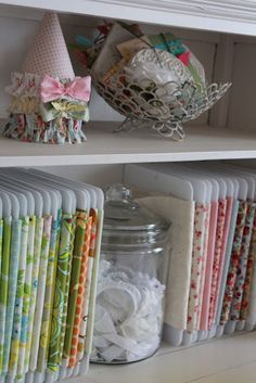 If I had stacks of material, this is exactly how I would want to store them! Dollar Store Organizing Ideas, Craft Sewing Room, Sewing Craft Room, Sewing Storage, Dream Craft Room, Sewing Room Organization, Sewing Room Ideas, Dollar Store Organizing, Organize Fabric