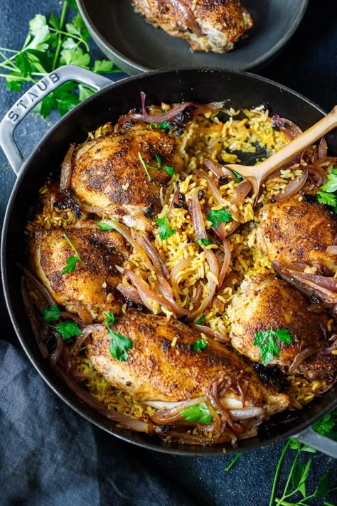 This Persian Chicken recipe is so flavorful and comforting! The savory, tender chicken and basmati rice are infused with fragrant Baharat spice - a delightful one-pan dinner that comes together quickly and easily! Persian Chicken, Saffron Chicken, Spiced Chicken, Saffron Rice, One Pan Dinner, Walnut Salad, Seasoned Rice, Chicken Spices, Persian Food