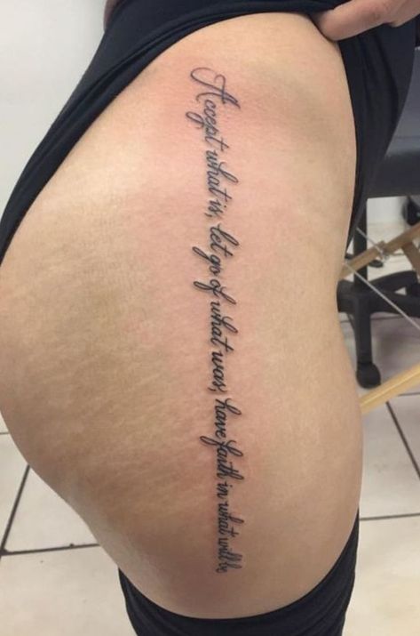 Tattoos Of Quotes For Women, Word Tattoo Down Side Of Leg, Scripture Sleeve Tattoos For Women, Tattoos Of Strength For Women, With Pain Comes Strength Tat, Rib Cage Tattoos For Women Quotes, Behind The Thigh Tattoos For Women, Inspirational Quotes Positive Tattoo, Inspired Tattoos For Women