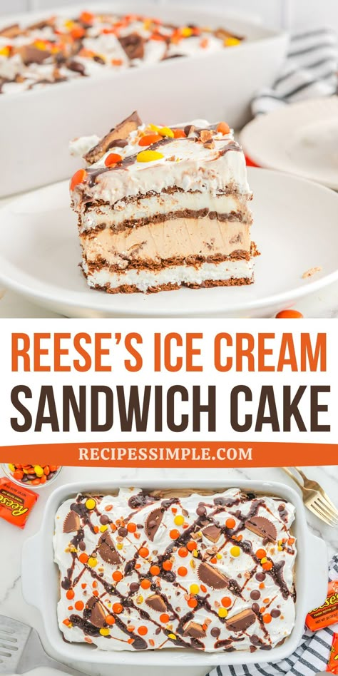 This Reese's Ice Cream Sandwich Cake is an easy frozen dessert recipe. It has layers of vanilla ice cream sandwiches, rich peanut butter cream cheese filling, and colorful candy toppings. Reese’s Cup Ice Cream Cake, I E Cream Sandwich Ice Cream Cake, Ice Cream Sandwich Cakes, Icecream Sandwich Cake, Ice Cream Cakes Homemade, Chocolate Ice Cream Cake Recipe, Easy Ice Cream Sandwich Cake, Birthday Ice Cream Cake, Peanut Butter Ice Cream Cake