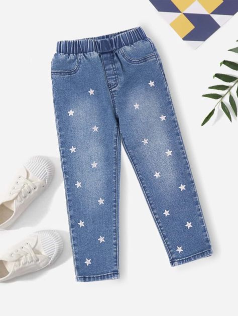 Toddler Girls Star Print Elastic Waist Jeans | SHEIN USA Vampire Oc, White Jeans Girls, Sparkle Jeans, Kids Denim Jeans, Girls Winter Fashion, Elastic Waist Jeans, Toddler Jeans, Latest Jeans