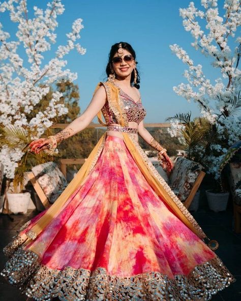 The Coolest Boho-Chic Lehengas We Spotted On Real Brides! | WedMeGood Haldi Outfit, Mehendi Outfits, Indian Outfits Lehenga, Wedding Lehenga Designs, Lehnga Dress, Bridal Lehenga Collection, Indian Bridal Dress, Indian Gowns Dresses, Lehenga Collection