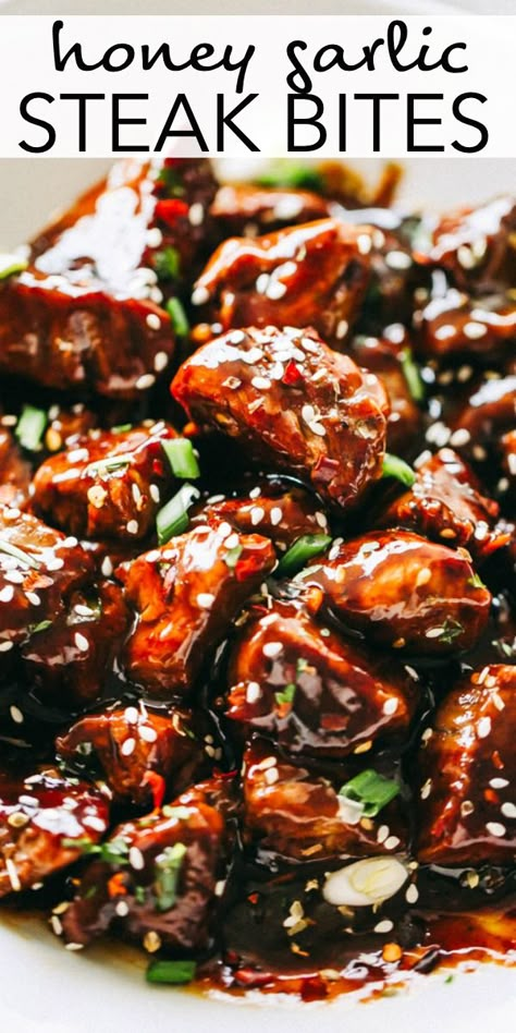 Honey Garlic Steak Bites, Honey Garlic Steak, Garlic Steak Bites, Sirloin Steak Recipes, Steak Dinner Recipes, Steak Bites Recipe, Garlic Steak, Cube Steak Recipes, Beef Steak Recipes