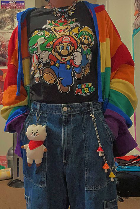 Kidcore Reference, Indie Inspired Outfits, Pop Outfits 90s, Vintage Kidcore Outfits, Kidcore Drawing Clothes, Kidcore Clothes Drawing, Rainbow Style Outfit, Rainbowcore Clothes, Pride Clothes Aesthetic