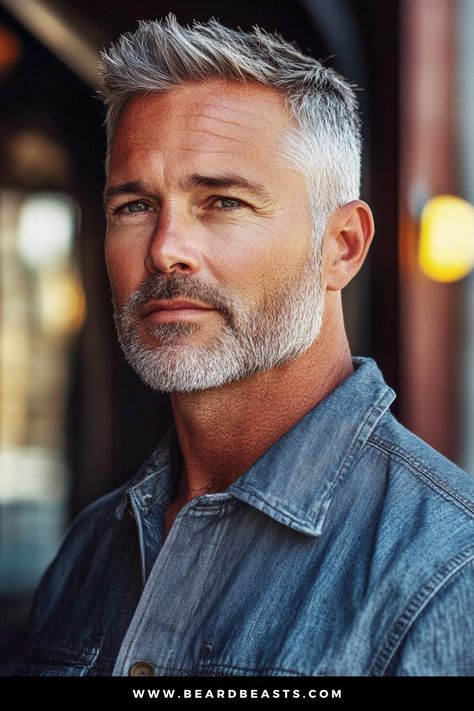 A distinguished older man with a well-groomed salt-and-pepper beard and hair styled in a Classic Taper Cut, a popular choice among short hairstyles for older men. His short, textured hair is neatly combed back, emphasizing a timeless, refined look perfect for men over 50. The image showcases the sharp, clean lines of his haircut, enhancing his mature, confident appearance. Handsome 50 Year Old Men, Men’s Fades, Short Hairstyles For Older Men, Hairstyles Men Short, Men's Short Hairstyles, Older Men Haircuts, Masculine Man, Short Fade Haircut, Older Mens Hairstyles