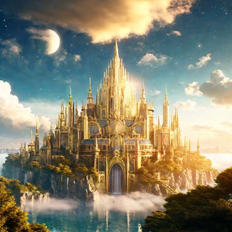 Celestial kingdom by Flavio Eduardo Lopes Alosilha - Playground Light Kingdom Fantasy Art, Golden Kingdom Fantasy Art, Fantasy Kingdom Cities, Fantasy Kingdom Aesthetic, Celestial Castle, Air Kingdom, Sun Castle, Castle Concept Art, Kingdom Of Light