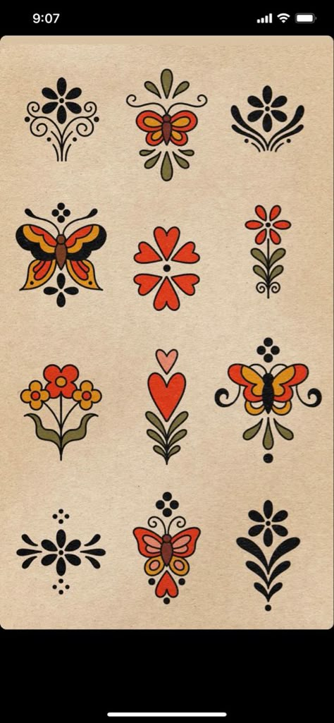 Connecting Patchwork Tattoos, Dutch Folk Art Tattoo, Floral Wrist Tattoo Design, Folk Flowers Tattoo, British Traditional Tattoo, Pennsylvania Dutch Tattoo, Retro Floral Tattoo, Traditional Tattoo Embroidery, Filler Tattoo Ideas Traditional