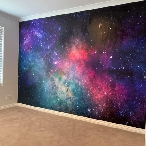 Galaxy Wall Bedroom, Bedroom Galaxy Theme, Galaxy Wall Bedroom Ideas, Galaxy Wall Design, Galaxy Walls Bedroom, Galaxy Wall Mural Diy, Galaxy Bedroom Wall, Galaxy Mural Paint, Diy Galaxy Wall Painting