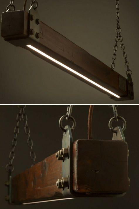 Beam Lighting Ideas, Farmhouse Lighting Ideas, Wood Lighting Design, Beam Lighting, Pulley Pendant Light, Bottle Pendant Light, Rustic Wall Lighting, Modern Farmhouse Lighting, Reclaimed Wood Beams