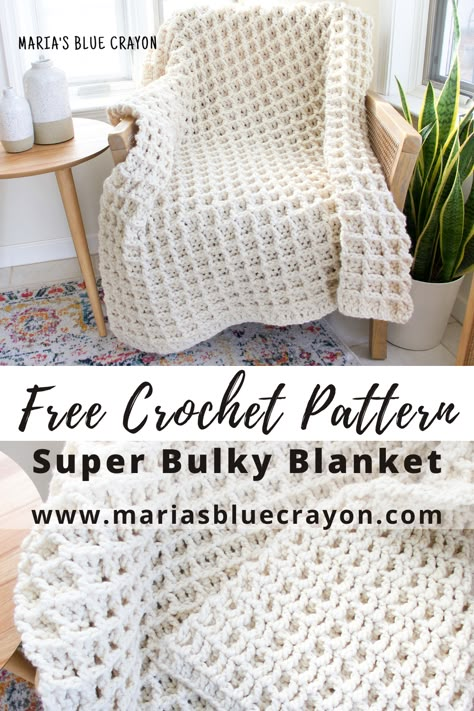 Large cream colored crochet blanket with a beautiful texture. The blanket is laid over a wooden chair in a brightly lit room. Bulky Crochet Blanket Pattern, Super Bulky Crochet Blanket Pattern, Super Chunky Crochet Blanket Pattern, Bulky Crochet Blanket, Crochet Blanket Bulky Yarn, Chunky Crochet Blanket Pattern Free, Super Bulky Crochet Blanket, Super Bulky Yarn Patterns Crochet, Super Bulky Yarn Patterns