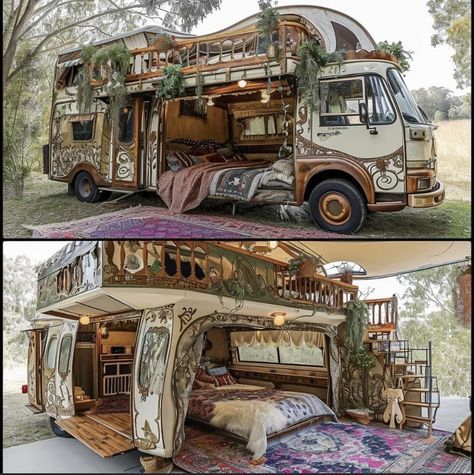 Small Travel Trailer, Old School Bus, Small Travel Trailers, Boho Style Decor, Van Life Diy, Hippie Van, Van Home, Van Living, Compact Kitchen