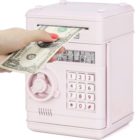 An Electronic Piggy Bank ATM that makes money management fun and educational. This engaging gift for boys and girls offers a realistic ATM experience with a digital screen, PIN access, and a banknote reader, making saving an exciting adventure. With a secure password system, it ensures their savings stay safe. It's not only fun but also educational, while adding an adorable touch to their room. Bank For Kids, Atm Bank, Safe Money, Bank Atm, Girly Christmas Gifts, Toy Money, Money Saving Box, Bank Money, Money Safe