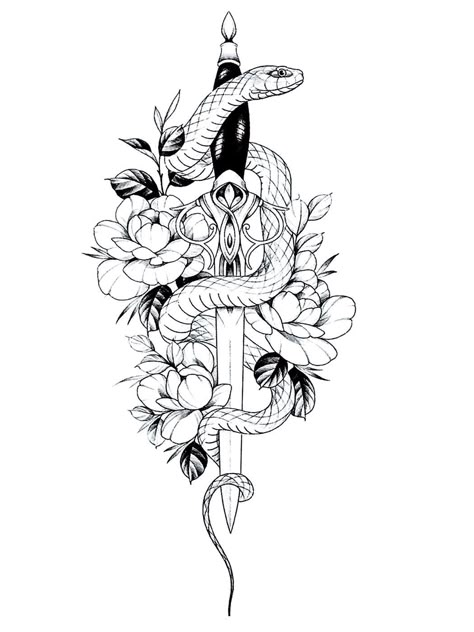 Ornate Dagger, Sketch Snake, Witchy Sleeve, Snake And Flowers Tattoo, Snake And Dagger Tattoo, Snake And Flowers, Baddie Tattoos, Swan Tattoo, Gummy Worm