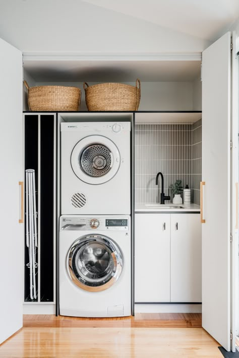 Small Laundry Ideas — Adore Home Magazine European Laundry, Laundry Cupboard, Laundry Reno, Stacked Laundry Room, Compact Laundry, Tiny Laundry Rooms, Modern Laundry, Laundry Room Closet, Laundry Room Layouts