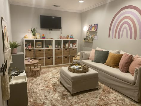 Cozy boho playroom Playroom Chill Area, Play Area Room Ideas, Playroom With Seating, Play Area In Living Room Boho, Small Den Playroom Combo, Bedroom Turned Into Playroom, Play Guest Room Combo, Lounge And Playroom Combined, Playroom With Couch Layout