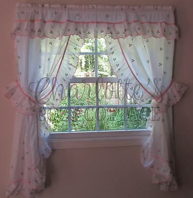 Vtg Prairie Country Romantic Pink Rosebuds Priscilla Ruffle Curtains Panels Pair